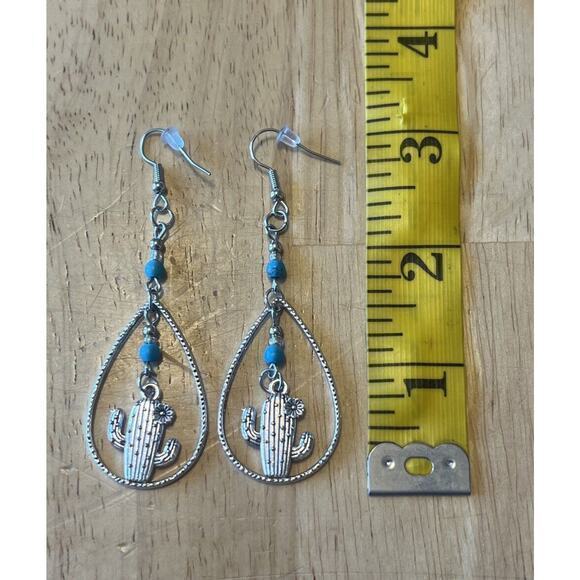 Silver Tone Earrings with Turquoise Glass Beads Teardrop Oval Shaped with Cactus - Picture 5 of 5